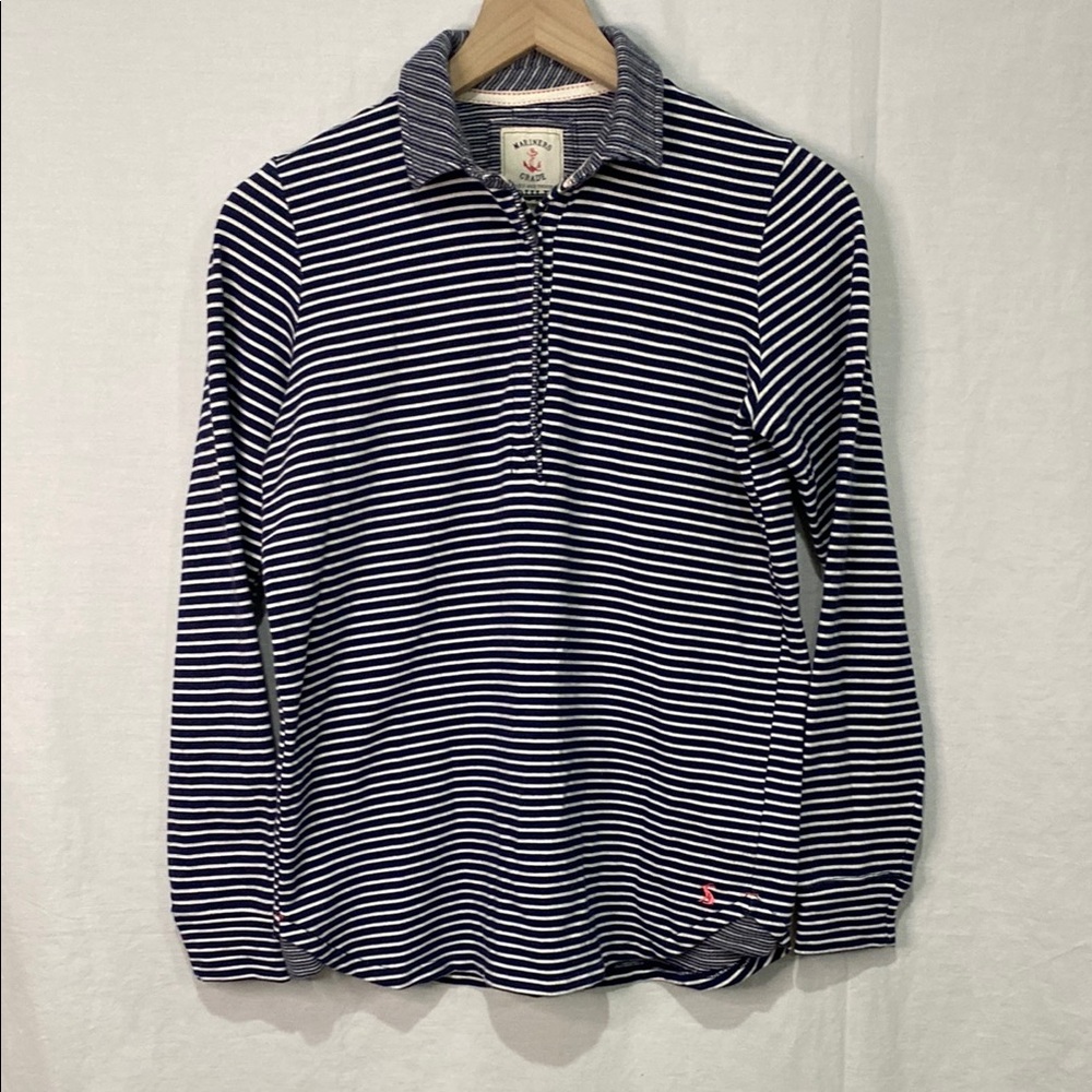 Joules Women's Size 4 - 1/4 button down long sleeve top, navy and white stripe